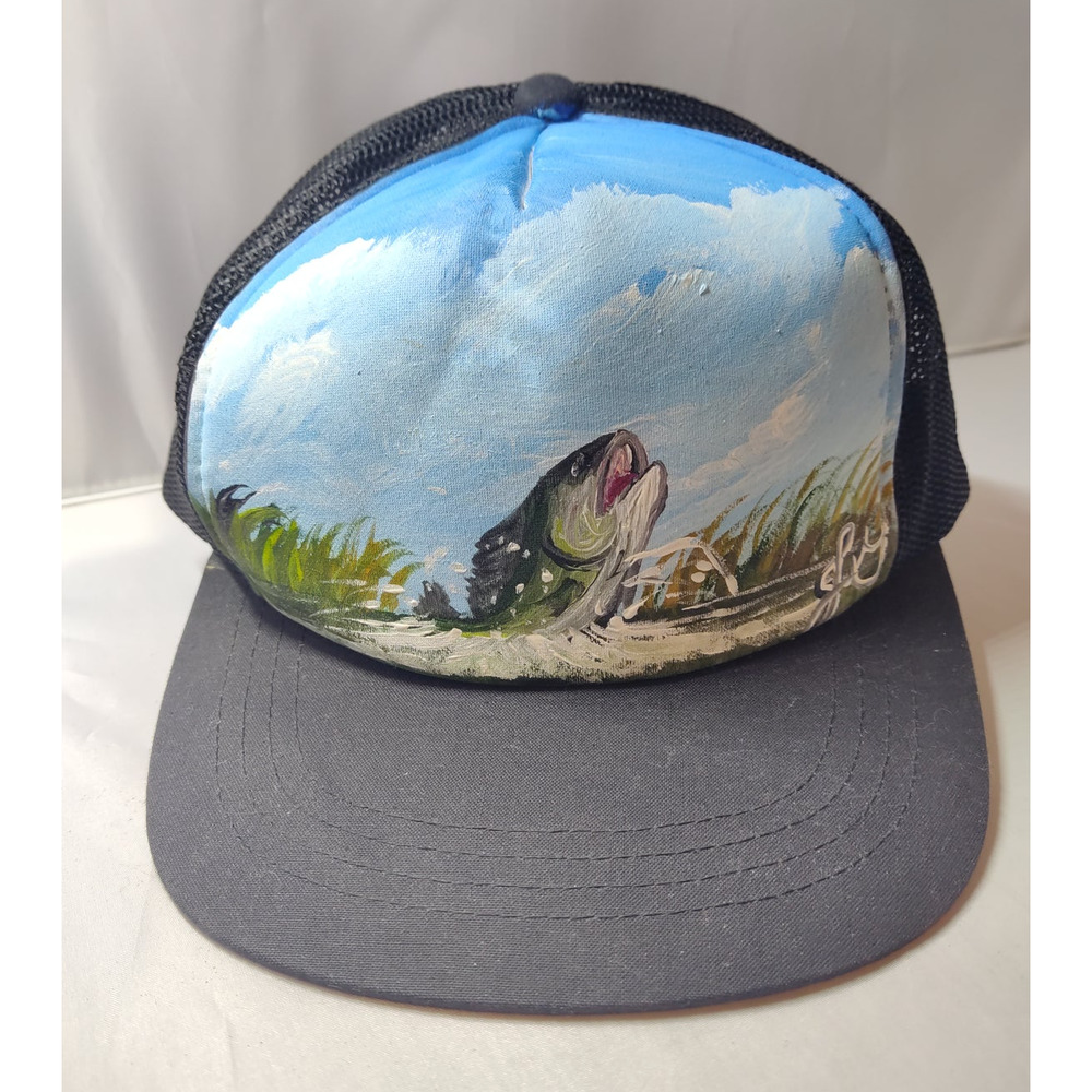 Vintage Handpainted Bass Fishing Large Mouth Trucker Mesh Snap Back Hat Cap